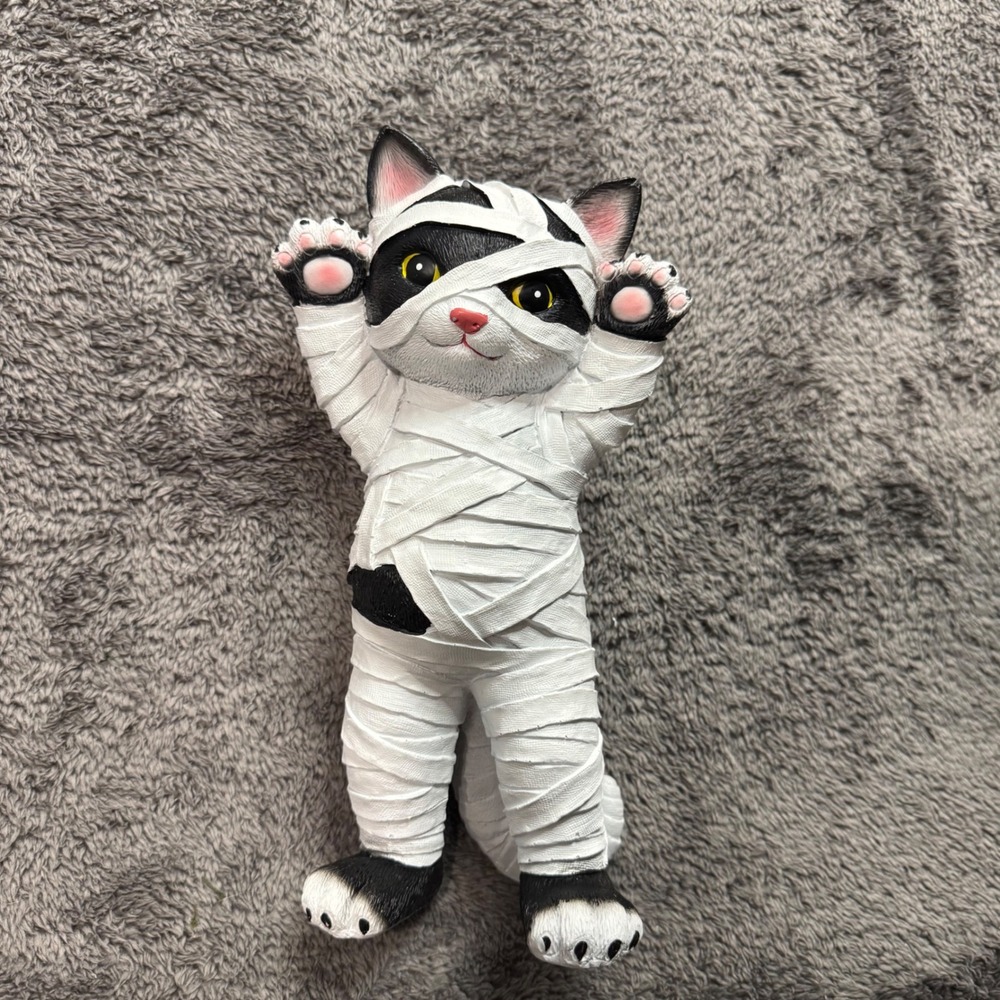 Halloween Mummy Tuxedo Cat Figurine Black White Resin Spooky Decor Statue